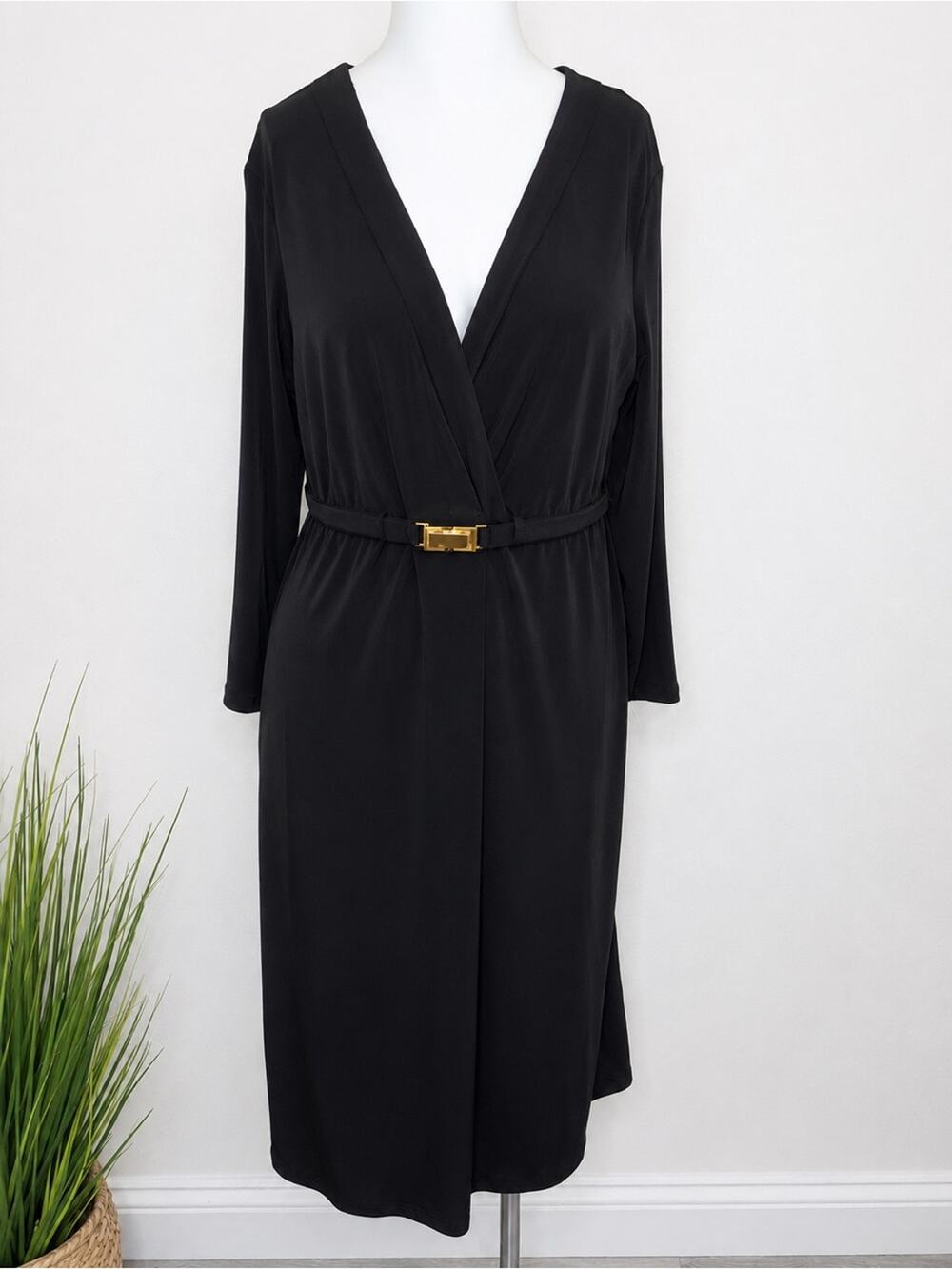 Charter Club Black Faux Wrap Belted Midi Dress Medium NWT